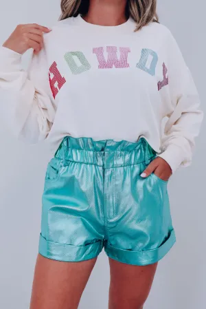 Malta Metallic Ruffle Waist Shorts - Turquoise