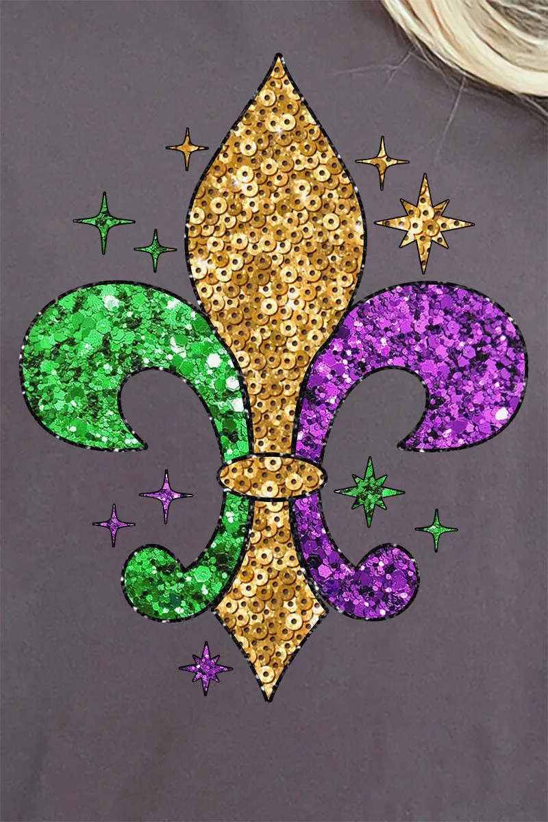 Mardi Gras Fleur De Lis Faux Sequin Transfer Short Sleeve Relaxed Fit T-Shirt