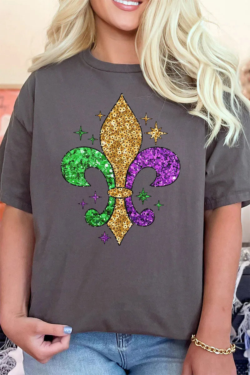 Mardi Gras Fleur De Lis Faux Sequin Transfer Short Sleeve Relaxed Fit T-Shirt