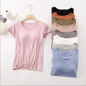Modal Fabric with Chest Pad T-Shirt Women's Solid Color Bra One Short Sleeve Pajamas Summer Half Sleeve Women's Base Shirt