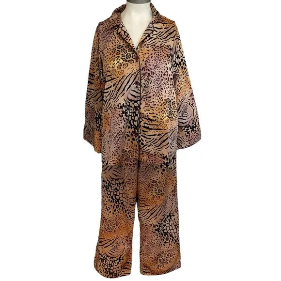 NATORI 2 pc leopard animal print silky lounge pajama pjs set crop pants top Sz S
