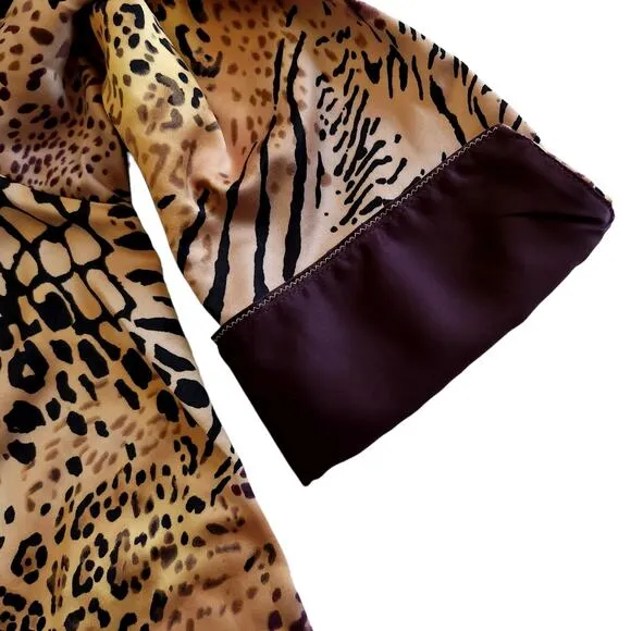 NATORI 2 pc leopard animal print silky lounge pajama pjs set crop pants top Sz S