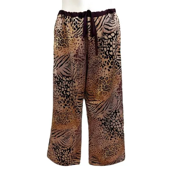 NATORI 2 pc leopard animal print silky lounge pajama pjs set crop pants top Sz S