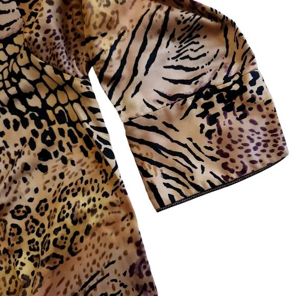 NATORI 2 pc leopard animal print silky lounge pajama pjs set crop pants top Sz S