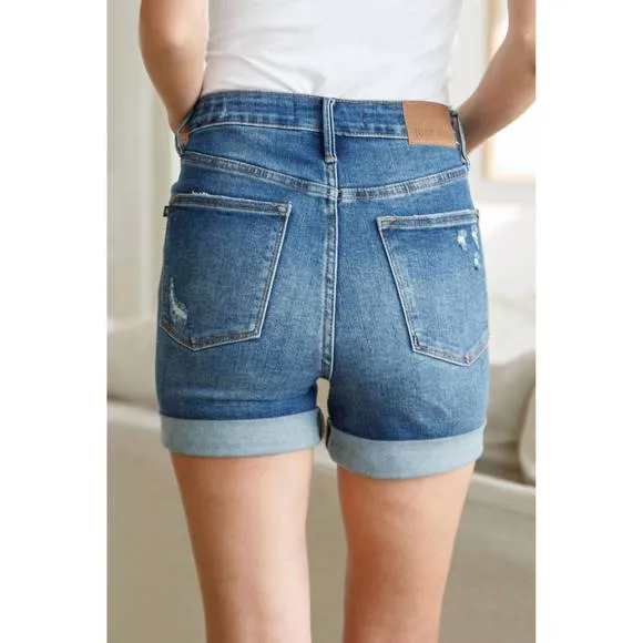 NEW JUDY BLUE high rise control top cuffed shorts in vintage wash