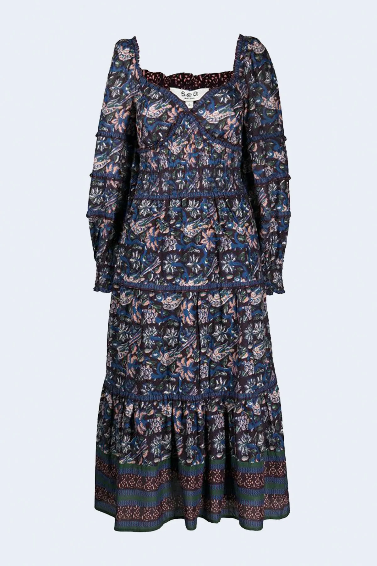 Noah Print Long Sleeve Smocked Dress in Navy