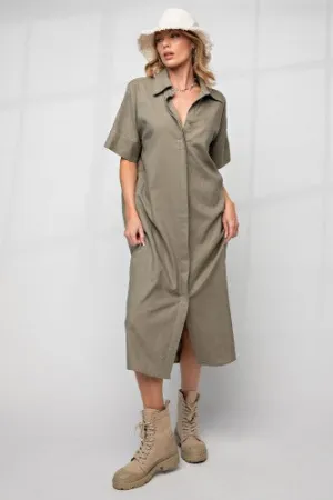 Olive Grey Linen Hidden Button Shirt Dress