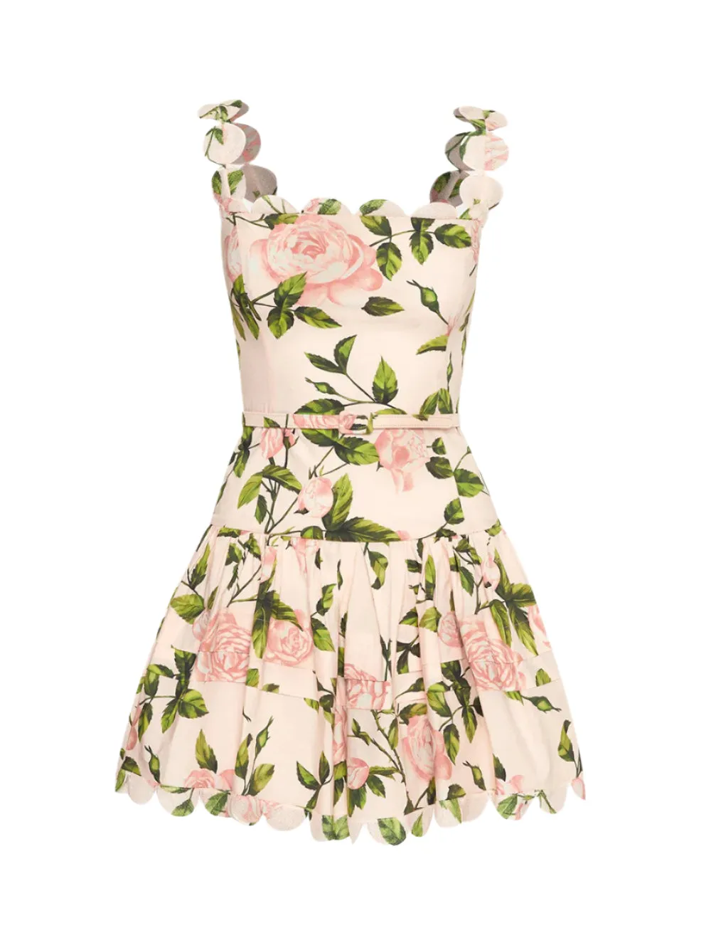 Oscar de la Renta English Roses & Scallop Trim Tiered Dress in Pink/Blush