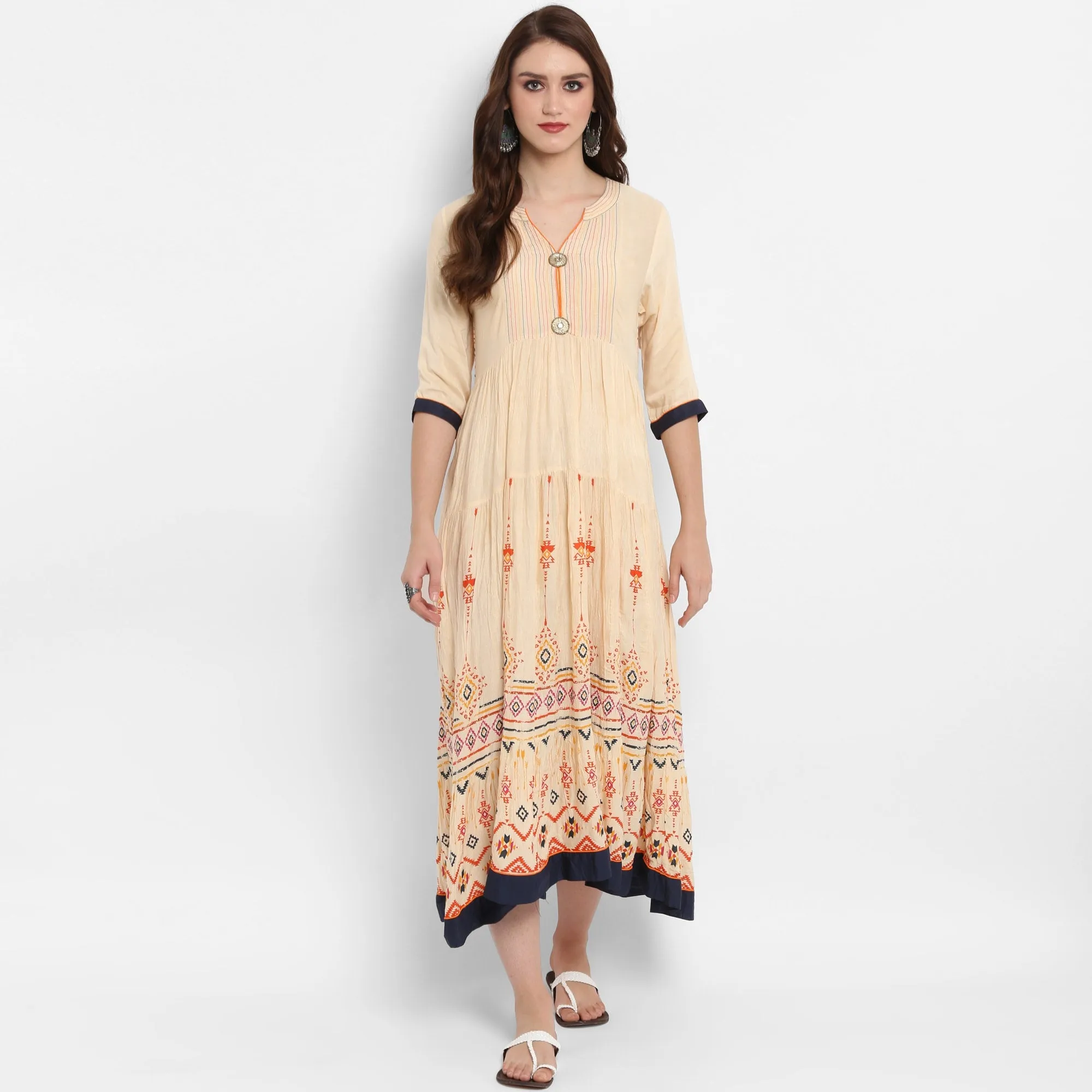 Pannkh Women's Printed Tiered Pin-Tucks Dress