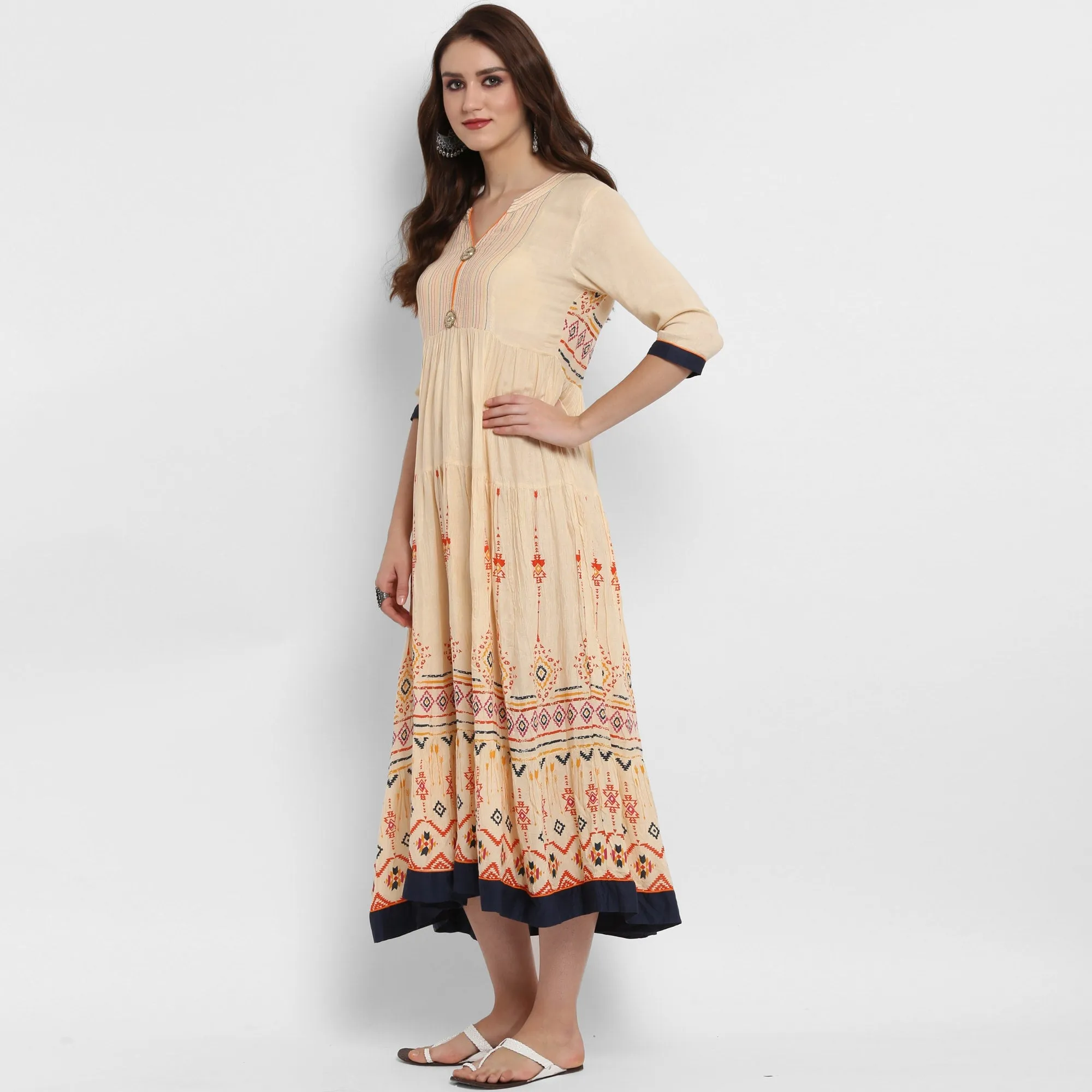 Pannkh Women's Printed Tiered Pin-Tucks Dress