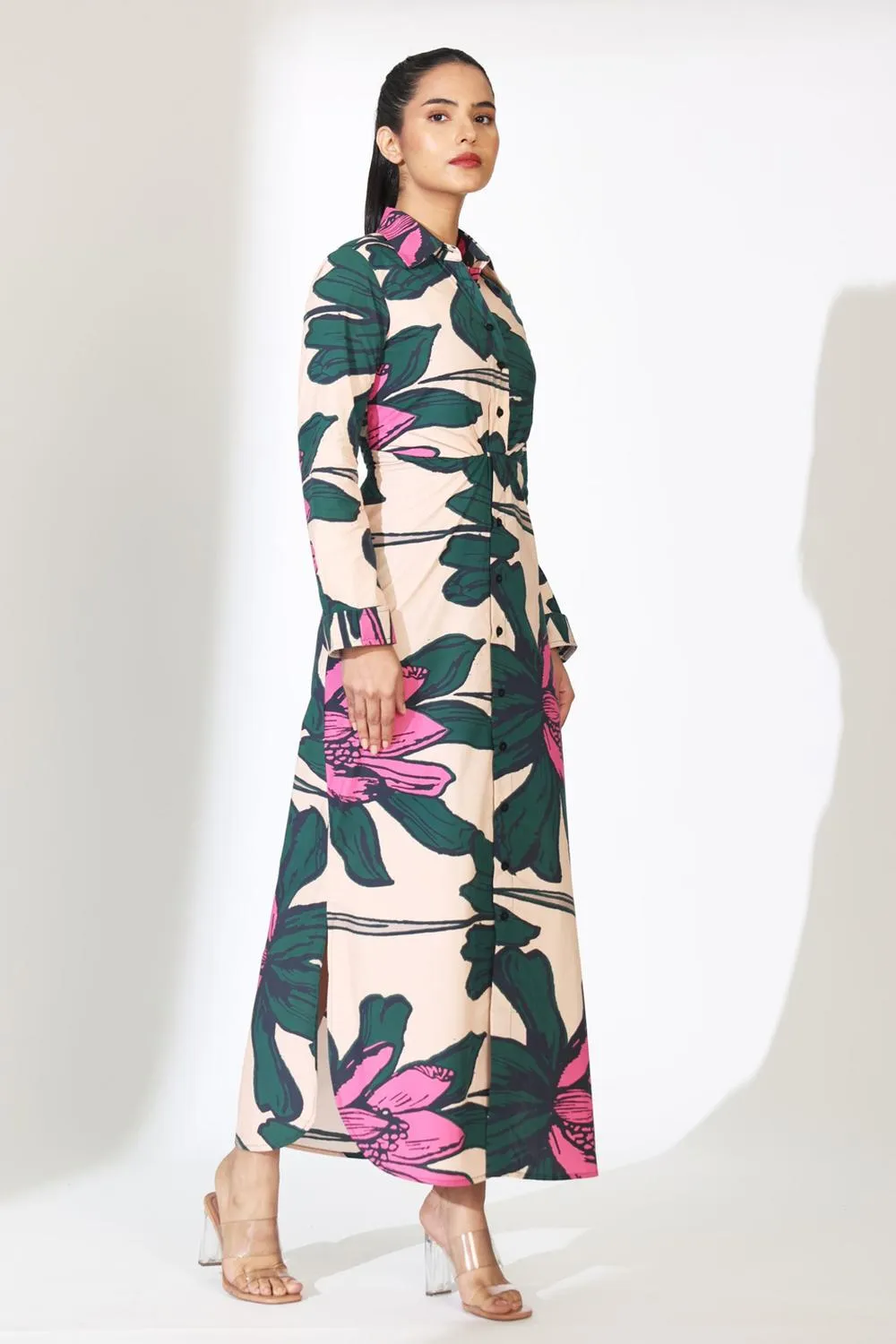Peach, Green And Pink Floral Shirt Dress