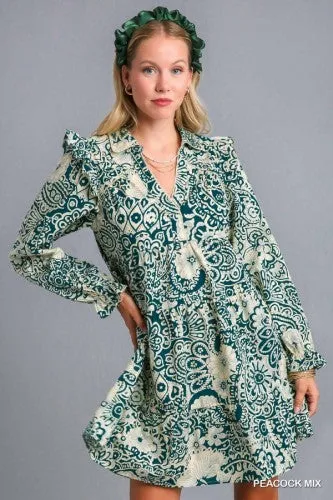 Peacock Mix Paisley Print L/S Tiered Dress