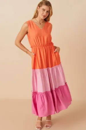 Pink   Orange Tiered Colorblock Dress