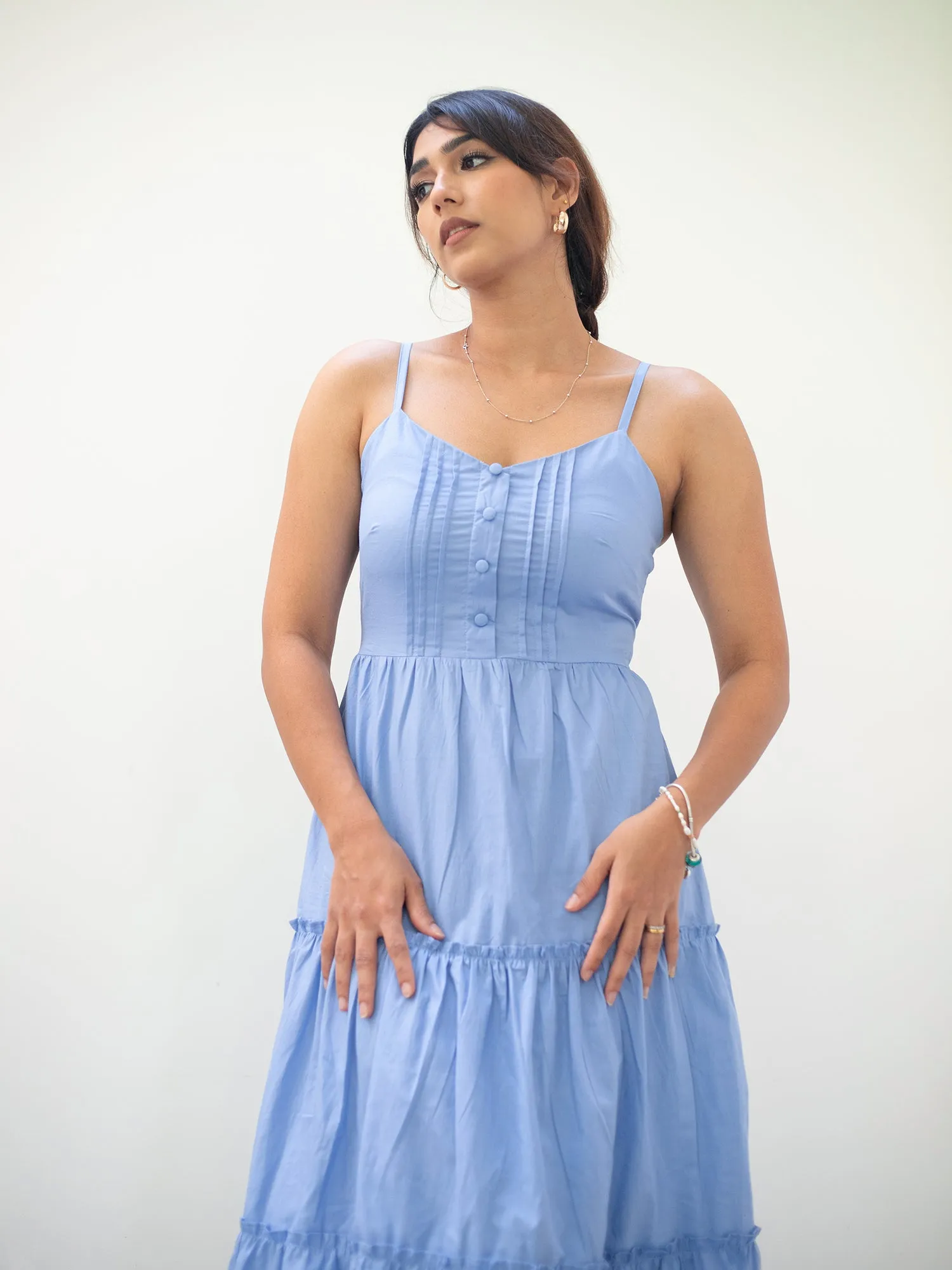 Pintuck Detailed Tiered Midi Dress
