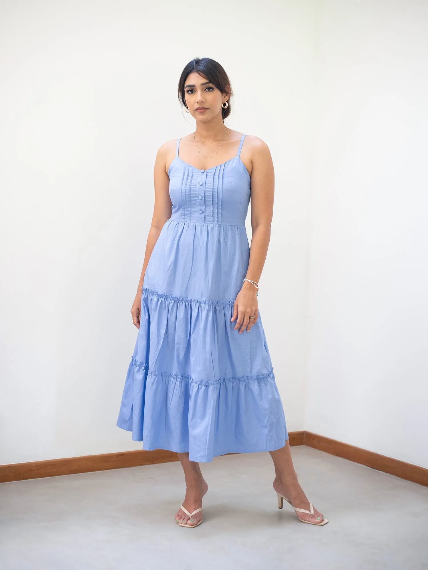 Pintuck Detailed Tiered Midi Dress