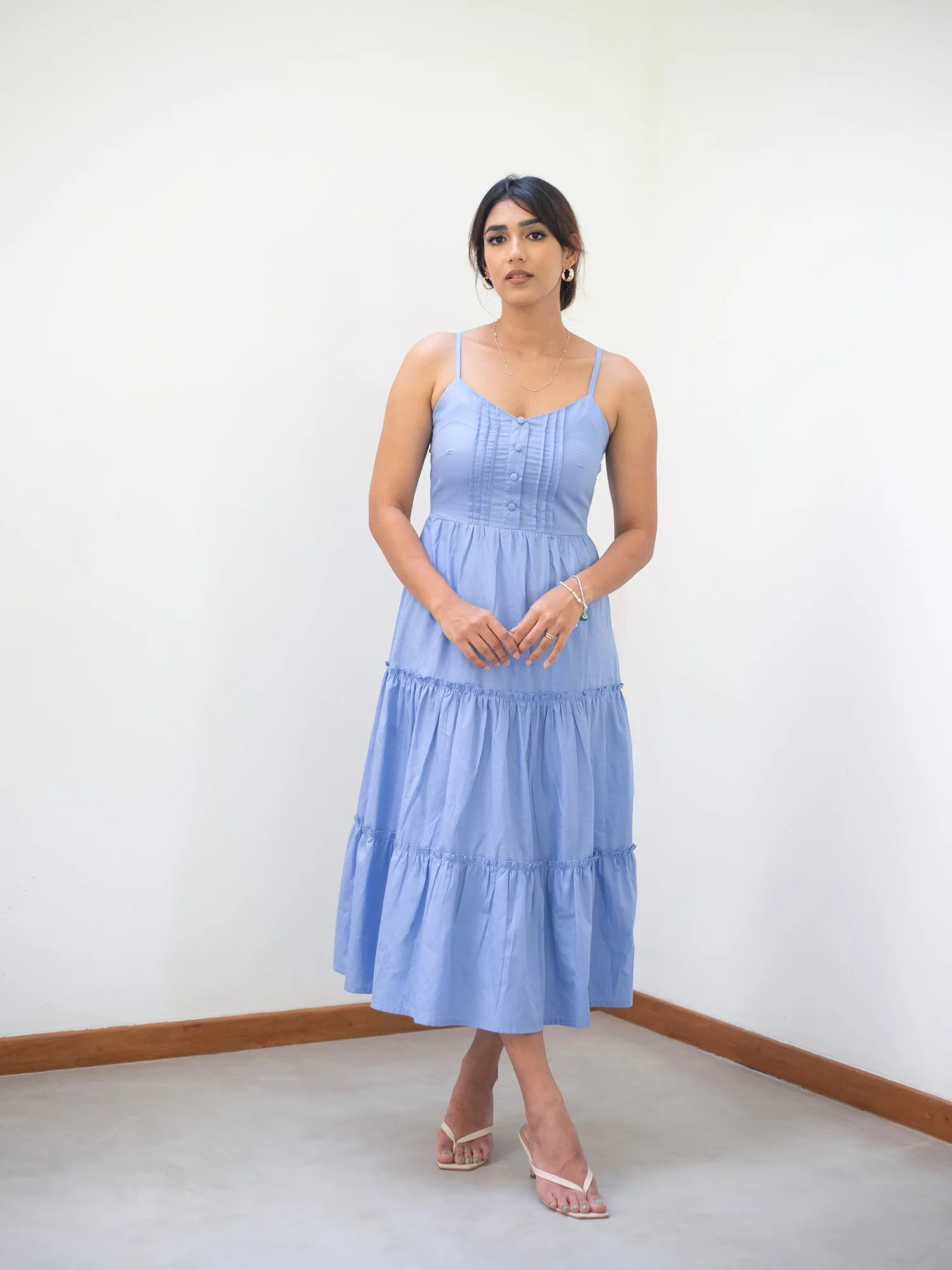 Pintuck Detailed Tiered Midi Dress