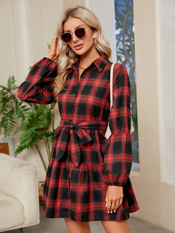 Plaid Babydoll Dress with Button-Down Front and Waist-Tie