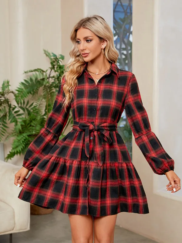 Plaid Babydoll Dress with Button-Down Front and Waist-Tie