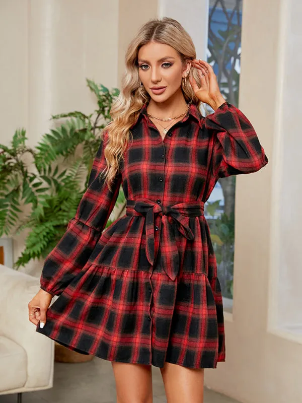 Plaid Babydoll Dress with Button-Down Front and Waist-Tie