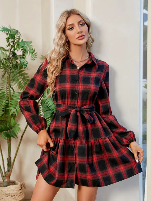 Plaid Babydoll Dress with Button-Down Front and Waist-Tie