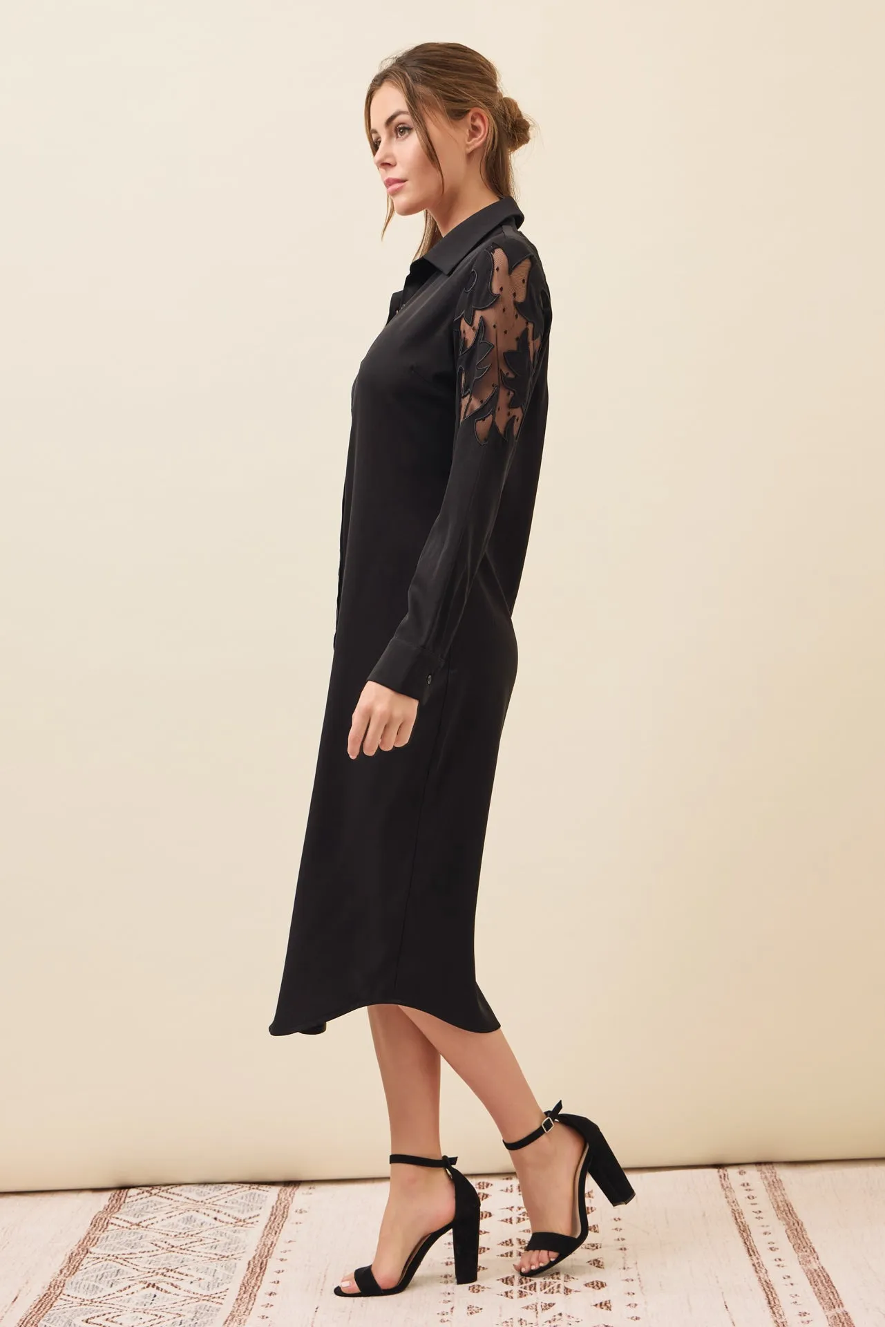 Possibilities Woven Shirt Dress with Mesh Cutout