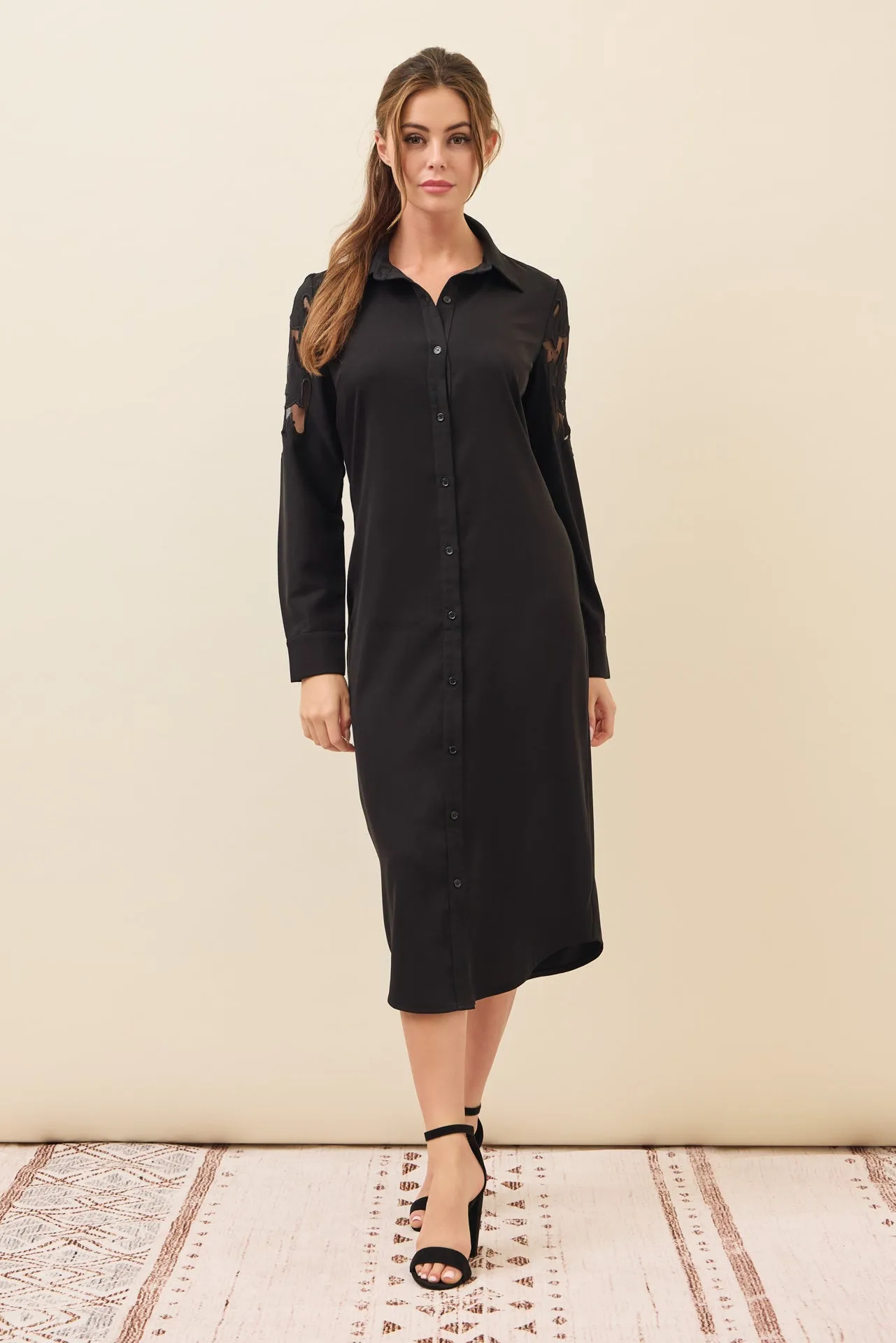 Possibilities Woven Shirt Dress with Mesh Cutout