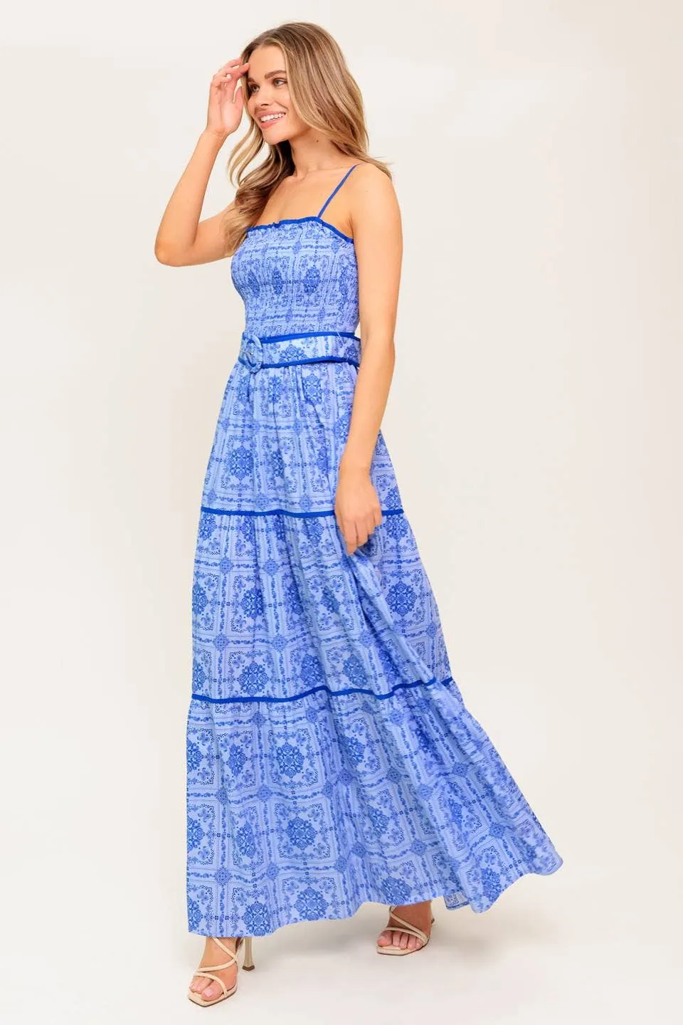 *PREORDER* Print woven maxi dress with belt: Blue