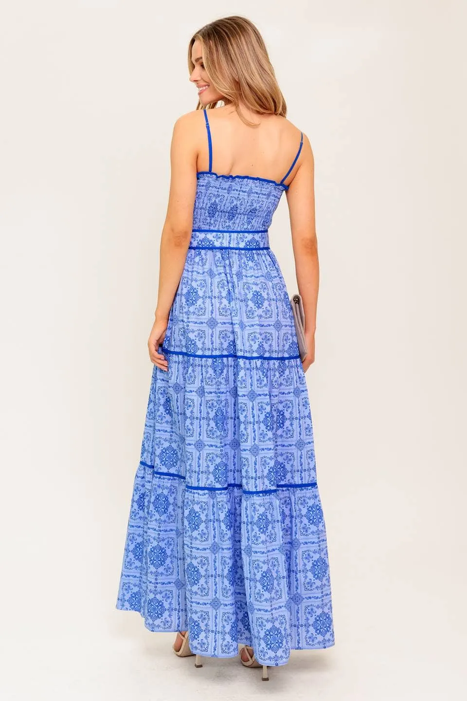 *PREORDER* Print woven maxi dress with belt: Blue