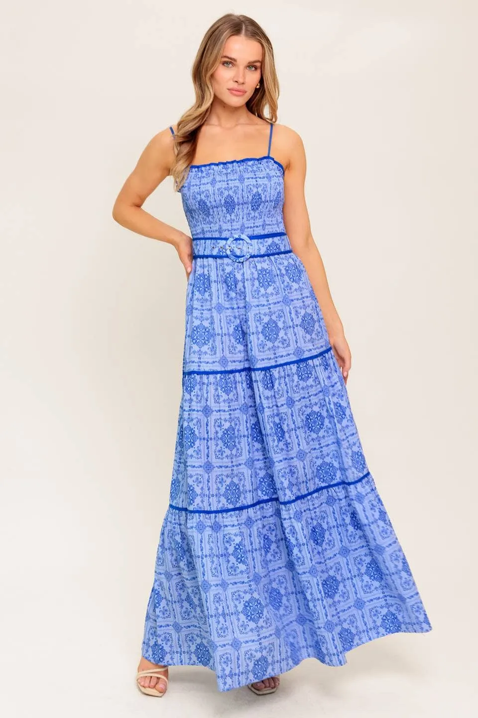 *PREORDER* Print woven maxi dress with belt: Blue