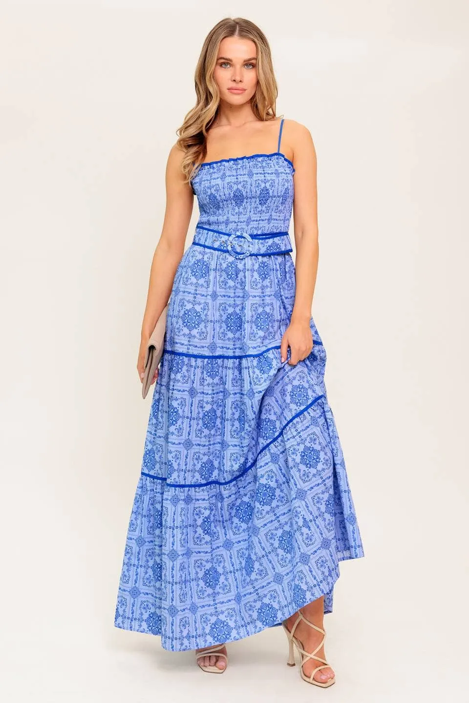 *PREORDER* Print woven maxi dress with belt: Blue
