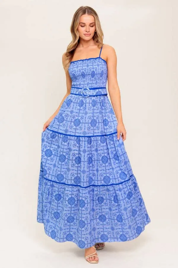 *PREORDER* Print woven maxi dress with belt: Blue