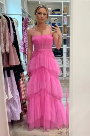 Princess Long Hot Pink Prom Dresses Ruffle 2024 Tiered Formal Dress Spaghetti Straps