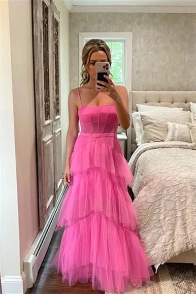 Princess Long Hot Pink Prom Dresses Ruffle 2024 Tiered Formal Dress Spaghetti Straps