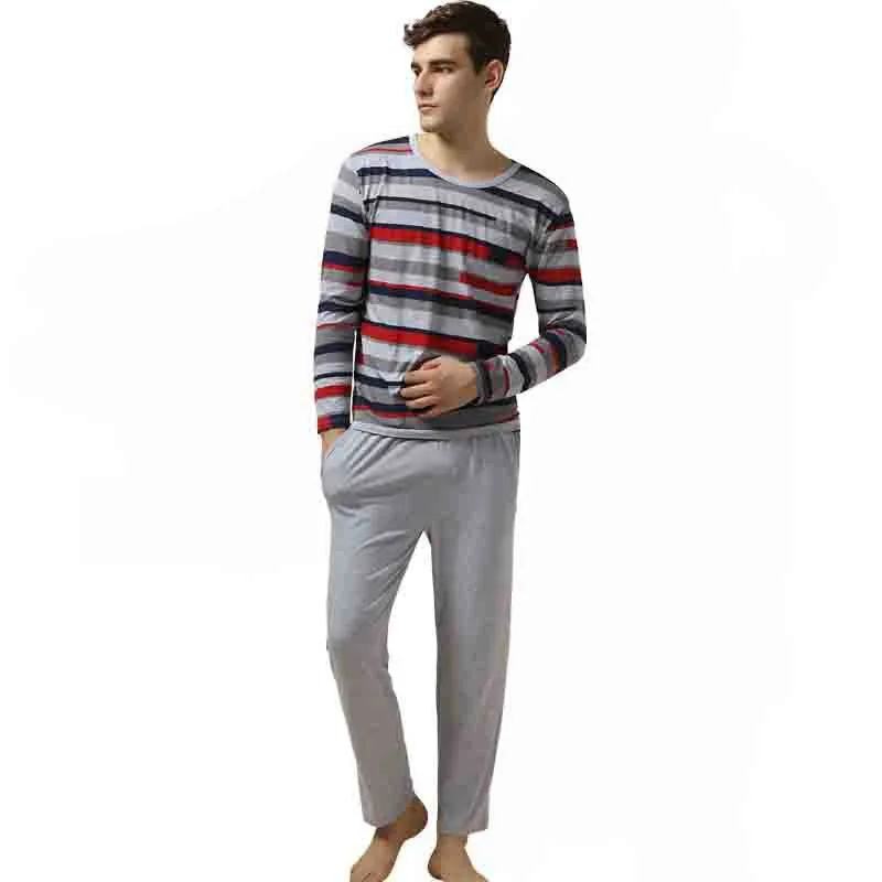 Qianxiu Pajamas Casual Stripes Men Pajama Set Plus Size Sleepwear Modal Cotton Lounge Wear