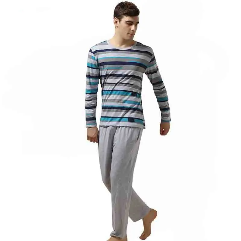 Qianxiu Pajamas Casual Stripes Men Pajama Set Plus Size Sleepwear Modal Cotton Lounge Wear