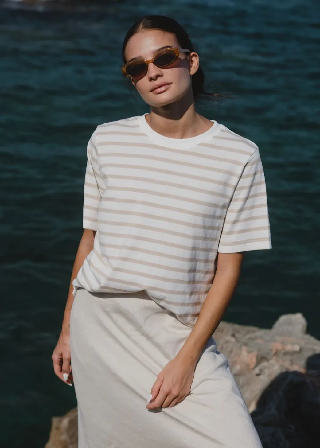 RE:UNION Binding Stripe Boxy Fit Tee - Natural/White