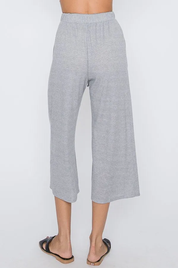 Ribbed Wide Leg Crop Pants with Drawstring & Pockets
