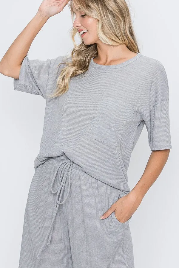 Ribbed Wide Leg Crop Pants with Drawstring & Pockets