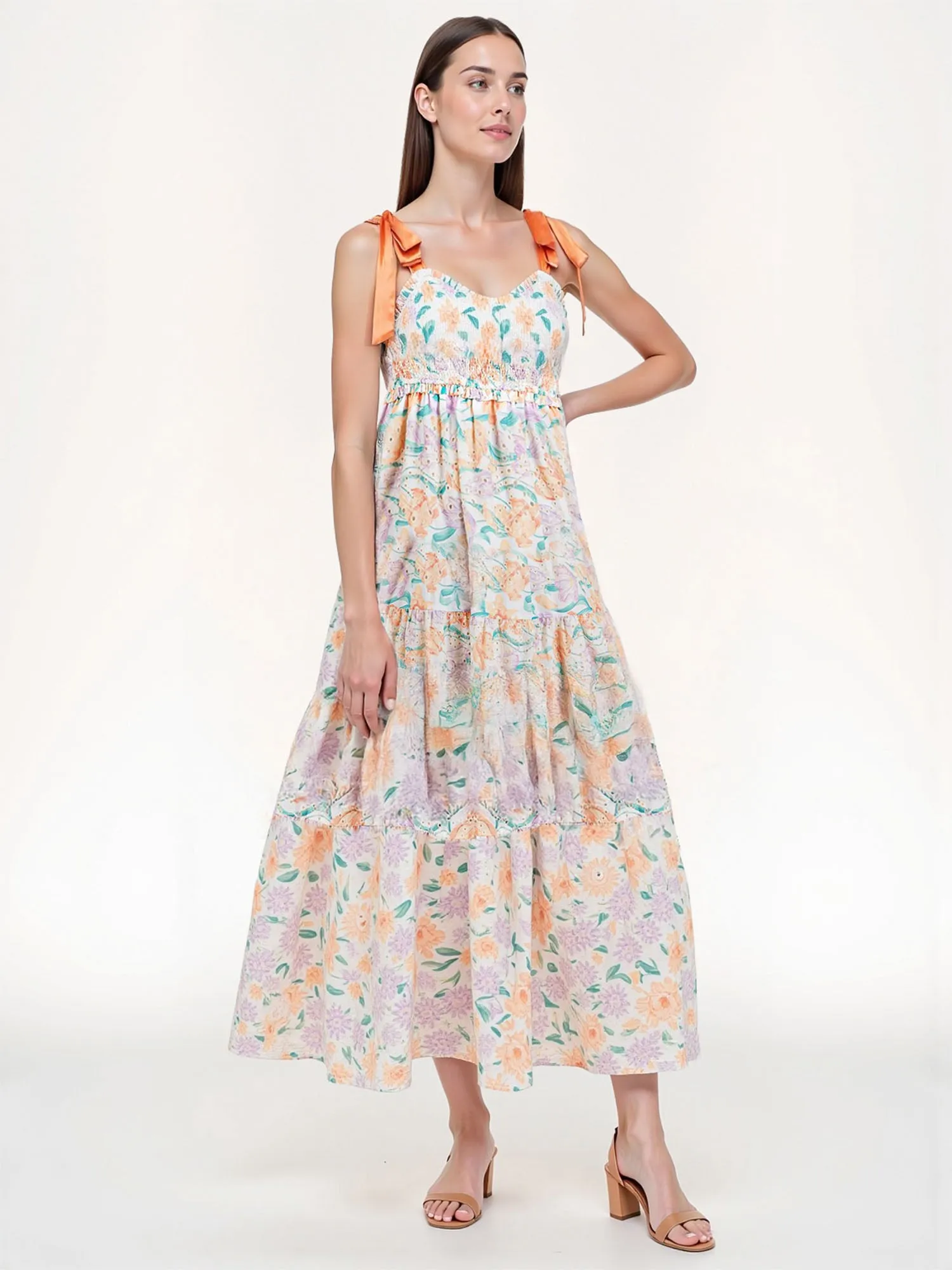 Ribbon Tie Strap Floral Tiered Maxi Sun Dress