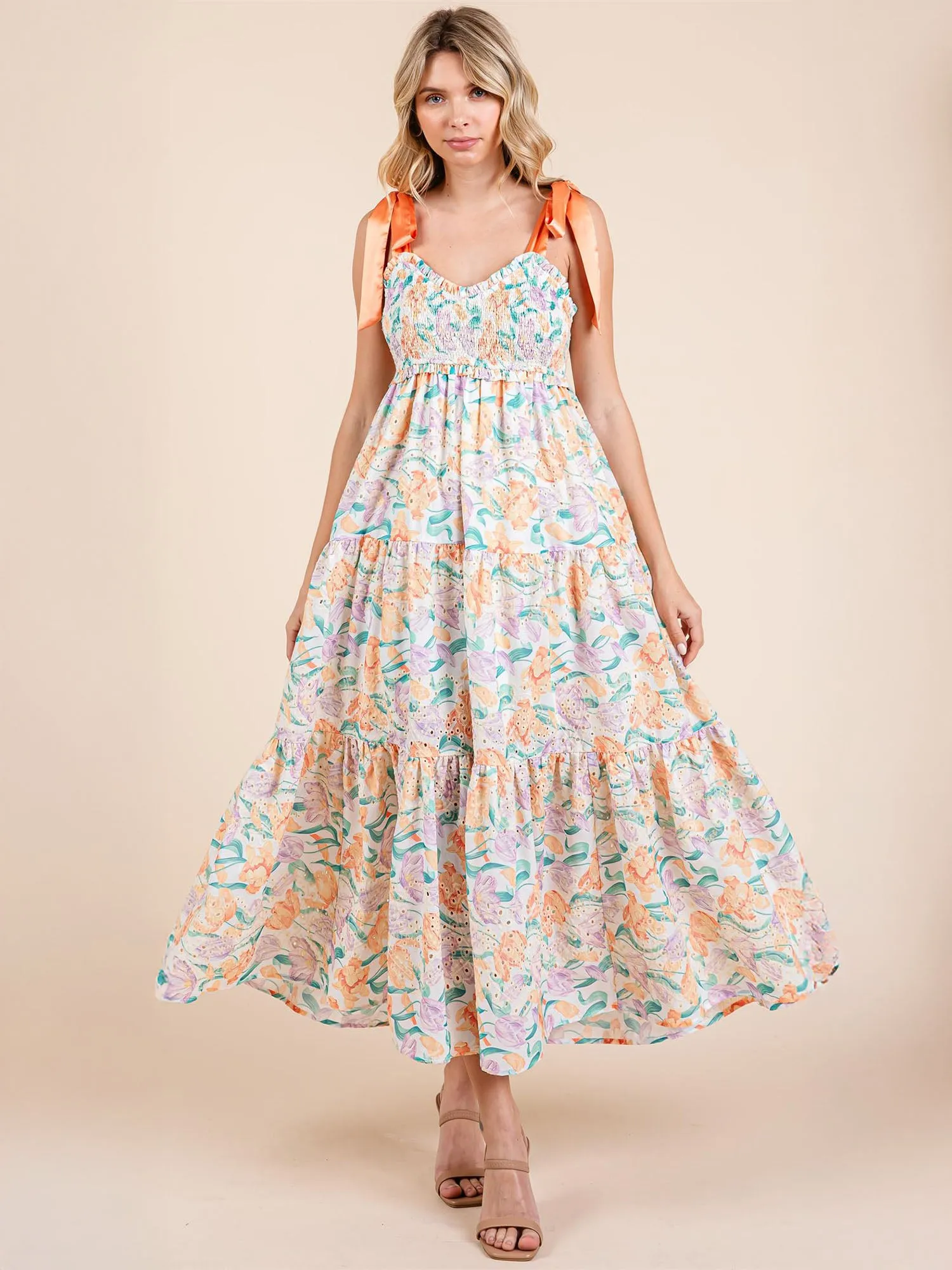 Ribbon Tie Strap Floral Tiered Maxi Sun Dress