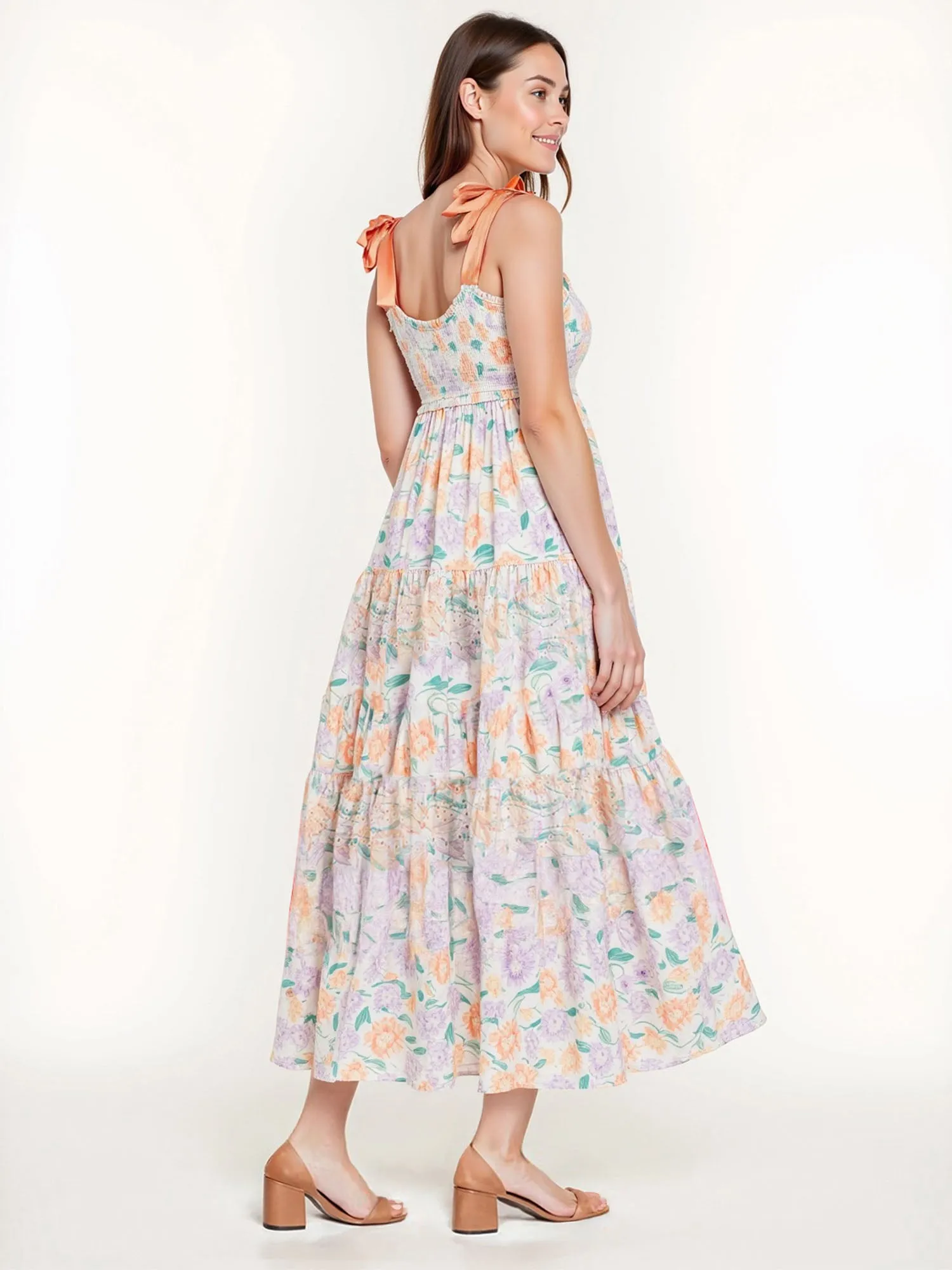 Ribbon Tie Strap Floral Tiered Maxi Sun Dress