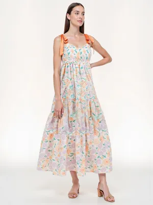 Ribbon Tie Strap Floral Tiered Maxi Sun Dress