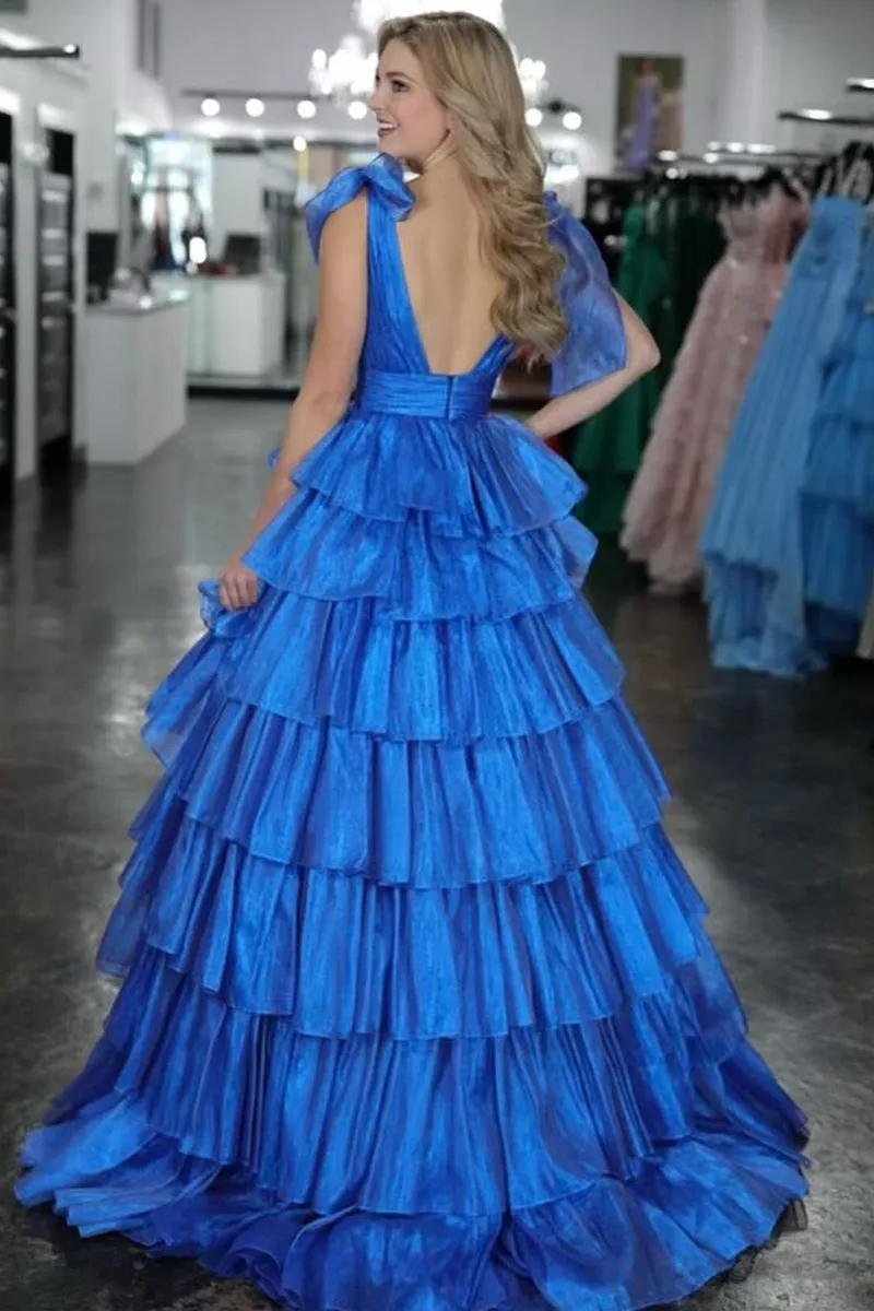 Roycebridal August | Glitter Tie Straps Pink Plunging Neck Tiered Long Prom Dress