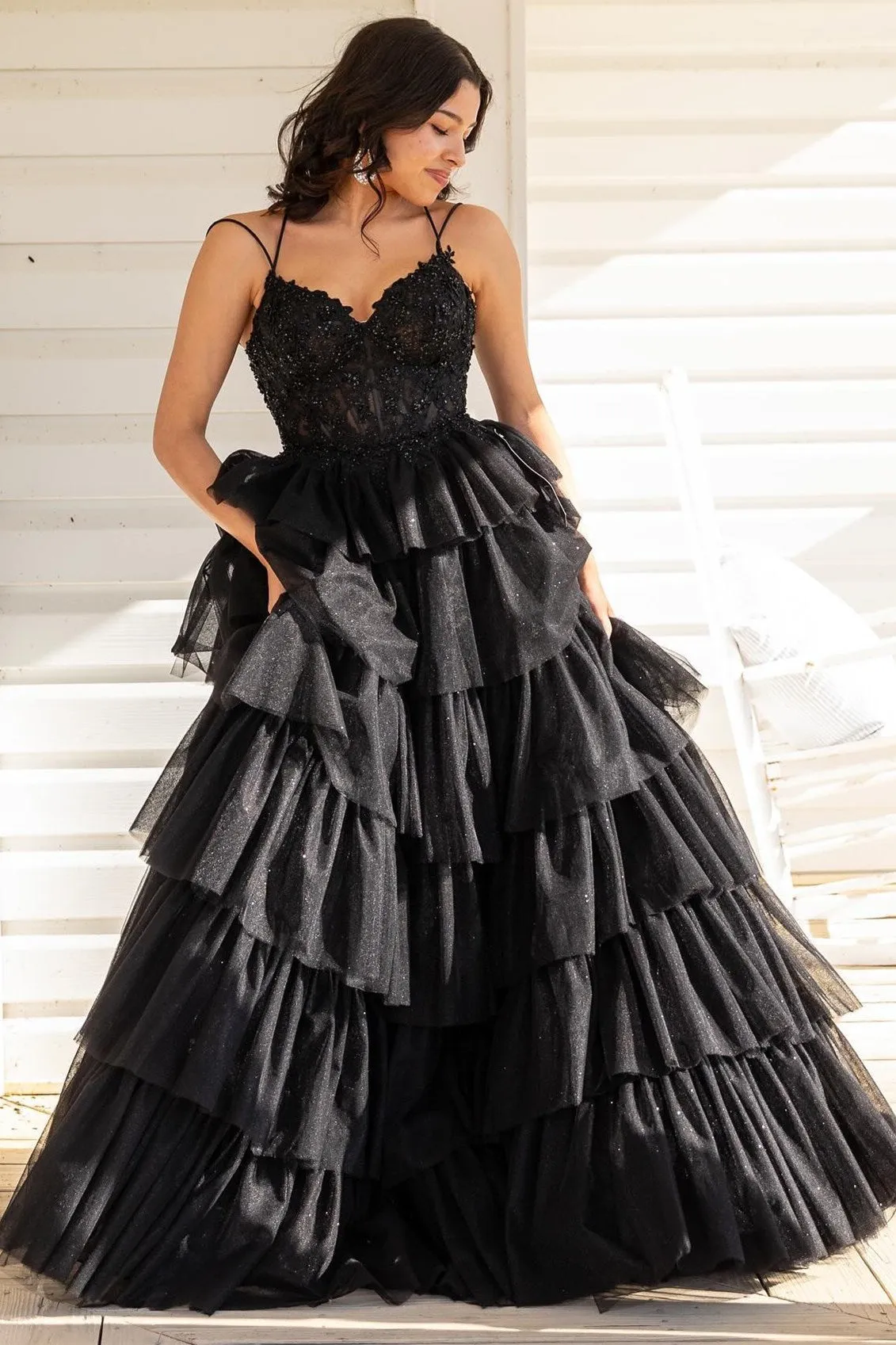 Roycebridal Tiered Ruffle Appliques Corset Long Prom Dress with Spaghetti Straps