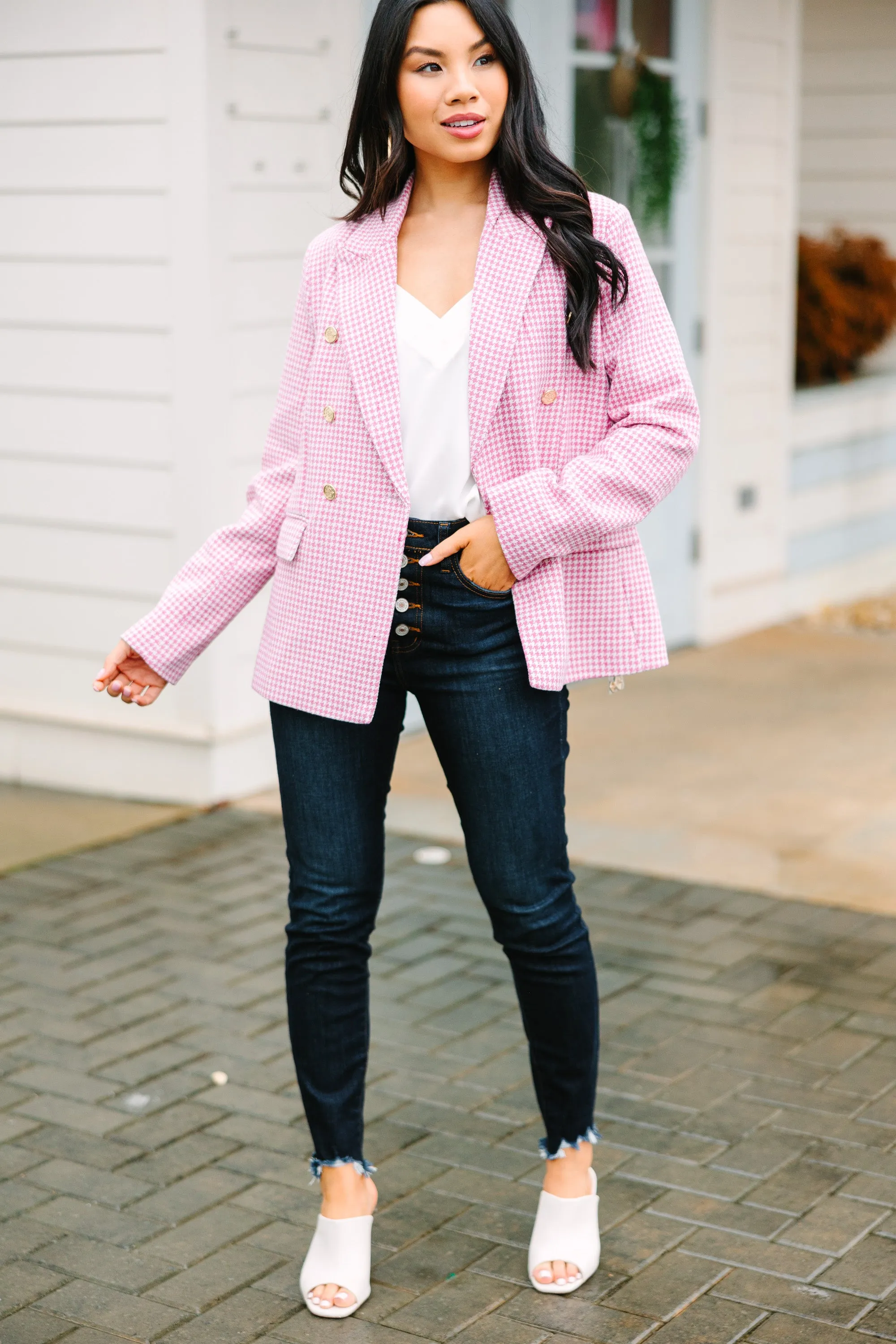 See It Through Pink Houndstooth Blazer