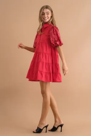 SEQUIN PUFF SLV TIERED POPLIN SHIRT DRESS