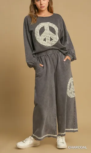 Set Plus Mineral Wash Pants & Top with Lace Applique Peace Sign By Umgee