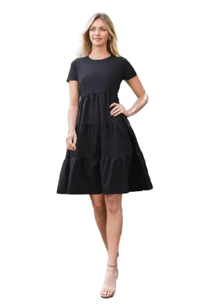 Short Sleeve Solid Tiered Dress Black - Pack of 6