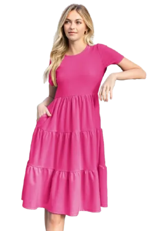 Short Sleeve Solid Tiered Dress Fuchsia - Pack of 6