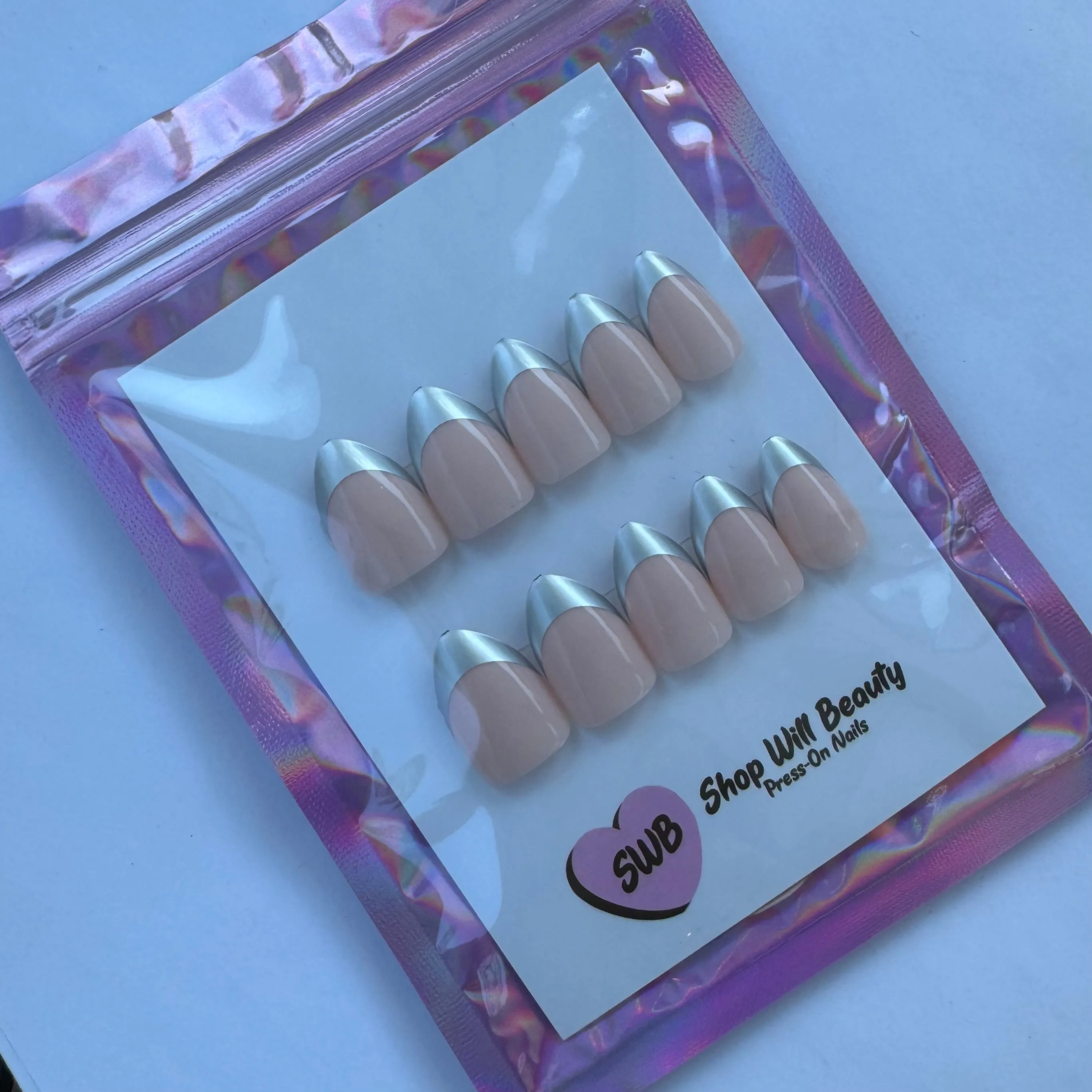 Silver Chrome French Almond Press On Nails